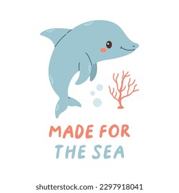 Sea life lettering quote decorated with cute cartoon doodles. Sea poster, print, card, kids apparel decor, sticker.