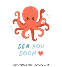 Sea life lettering quote decorated with cute cartoon doodles. Sea poster, print, card, kids apparel decor, sticker.