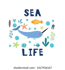 Sea Life lettering with seaweeds, fish and other sea elements. Design for  cards, posters, cards, t-shirts, book, textile.
