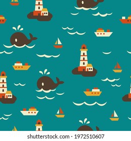 Sea Life and Light House Vector Graphic Illustration Seamless Pattern can be use for background and apparel design