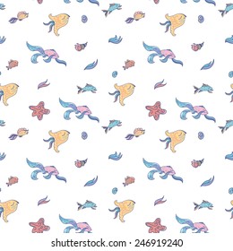 Sea life light pattern | White seamless vector background with fishes and shells