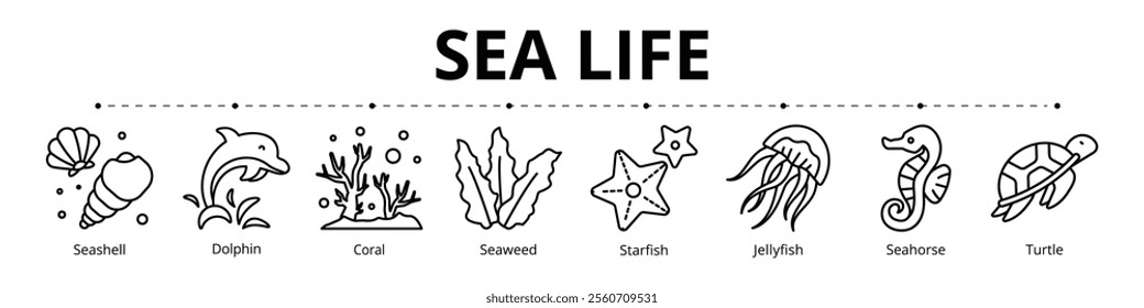 Sea Life Line Banner Web Icon Set Vector Illustration