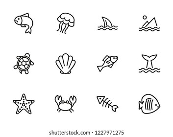 Sea life line icon set. Fish, shark, turtle. Wildlife concept. Can be used for topics like seafood, ecology, fishing
