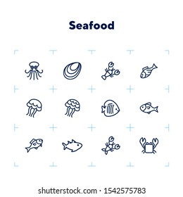 Sea life line icon set. Seashell, jelly, crab. Nature concept. Can be used for topics like diving, ocean, seafood market