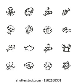 Sea Life Line Icon Set. Seashell, Jelly, Crab. Nature Concept. Can Be Used For Topics Like Diving, Ocean, Seafood Market