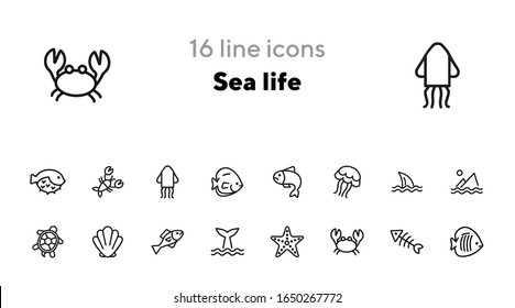 Sea life line icon set. Fish, shark, turtle. Wildlife concept. Can be used for topics like seafood, ecology, fishing