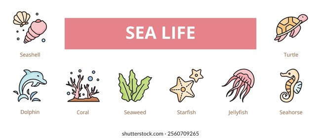 Sea Life Lineal Color Banner Web Icon Set Vector Illustration