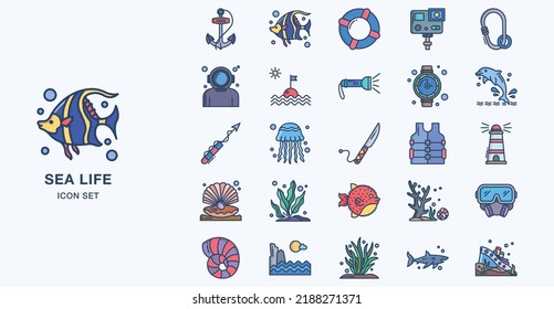 Sea Life linear coloured icon set