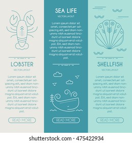 Sea life, lobster, shellfish, whale - business banner design template with thin line style illustration of sea animals. Place for your text.