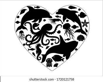 Sea life. I love ocean heart with sea animals. Silhouettes of marine life located in the shape of a heart - dolphins, killer whale, octopus, fish and shells. Illustration of black silhouettes.