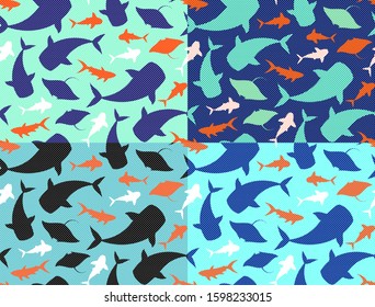 Sea life mammals pattern set. Vector seamless ocean animals patterns. Marine backgrounds collection. Flat silhouette fish species icons illustration.