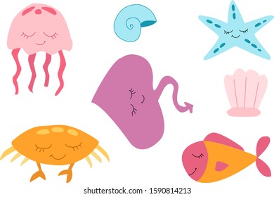 Sea life, marine animals set in flat style isolated on white background. Vector illustration. Cute cartoon animals collection: jellyfish, star, stingray, crab,  fish