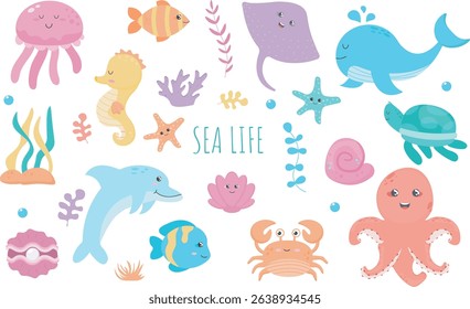 sea life marine animals vector set
