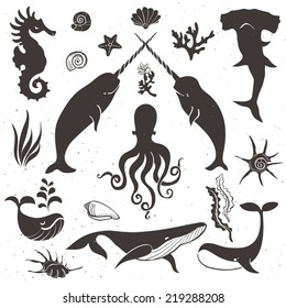 Sea life, marine animals. Vintage hand drawn elements in nautical style.Vol.1 Vector illustrations.