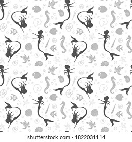 Sea life marine creatures and mermaids seamless pattern. Vector illustration. Vector graphic illustration.