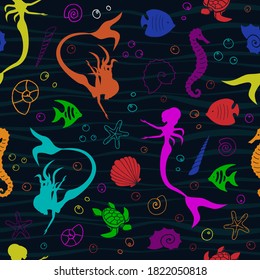 Sea life marine creatures and mermaids seamless pattern. Vector illustration. Vector graphic illustration.