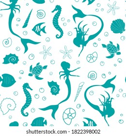 Sea life marine creatures and mermaids seamless pattern. Vector illustration. Vector graphic illustration.