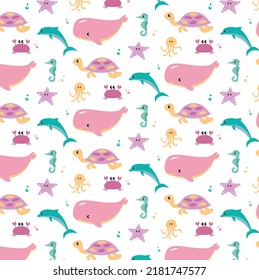 Sea life marine fish and animals flat cartoon illustration template. Dolphins and whales, sharks and octopuses, jellyfish and seahorses. Set of cute animals icons isolated on white background.
