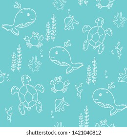 Sea life mint contour jungle seamless tropical exotic pattern 