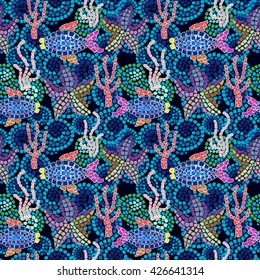 Mosaico de vida marina. Patrón vectorial sin soldadura con peces dibujados a mano, estriberas y corales sobre fondo de mosaico de algas marinas. Colección marina. Océano tropical.