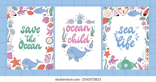 Sea life nursery cards, prints, banners, posters, templates with doodles and quotes.Good for birthday and baby shower decor. Ocean, underwater, marine theme. EPS 10