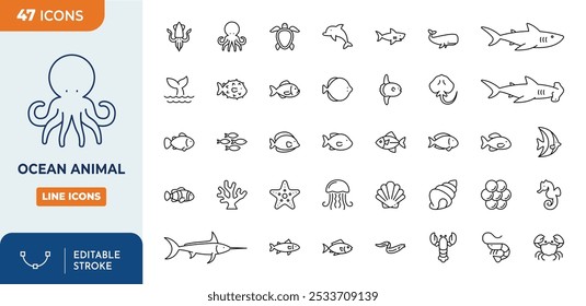 Sea Life and Ocean Animals icon set. Marine Life Related Linear Icons. editable icon set