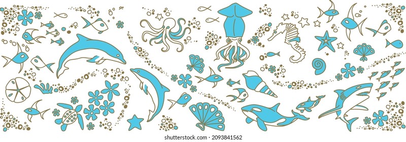 Sea life, ocean creatures, marine animals with under sea shells, sand, coral. Use as a wallpaper or pick out the elements you need to use.