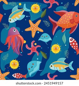  sea life Ocean marine seamless pattern on blue background