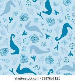 Sea life, ocean seamless pattern with underwater life objects: seahorses, corals, algae and seashells in blue and white colors. Summer, beach, vacation.