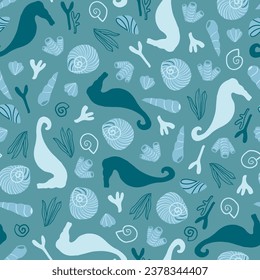 Sea life, ocean seamless pattern with underwater life objects: seahorses, corals, algae and seashells in green-blue. Travel, Summer, beach, vacation repeat pattern.