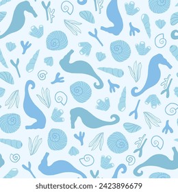 Sea life, ocean seamless pattern with underwater life objects: seahorses, corals, algae and seashells in blue and white colors. Summer, beach, vacation hand drawn pattern for textile, paper design.