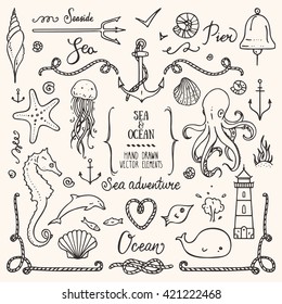 Sea life, ocean trip, summer marine cruise, seafood, pier restaurant design elements. Collection of hand drawn illustration: lighthouse, octopus, anchor, jellyfish, cordage frame. Isolated vector set.