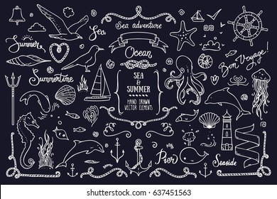 Sea life, ocean trip, summer marine cruise, summertime lettering & design elements . Big collection of hand drawn illustration: lighthouse, octopus, anchor, jellyfish, cordage frame. Isolated vector.