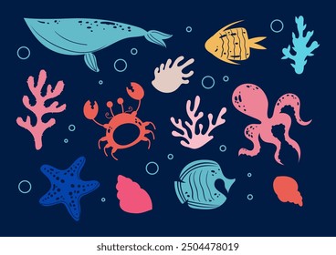 Sea life ocean underwater animals isolated set. Vector graphic design illustration element