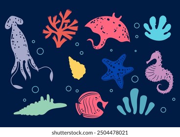 Sea life ocean underwater animals isolated set. Vector graphic design illustration element