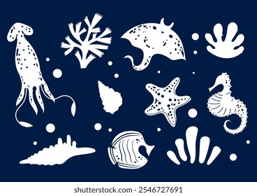 Vida do mar oceano animais subaquáticos isolado conjunto. Elemento de ilustração de design gráfico vetorial	