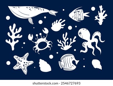 Sea life ocean underwater animals isolated set. Vector graphic design illustration element	