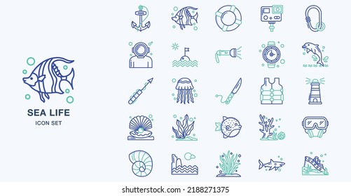 Sea Life outline coloured icon set