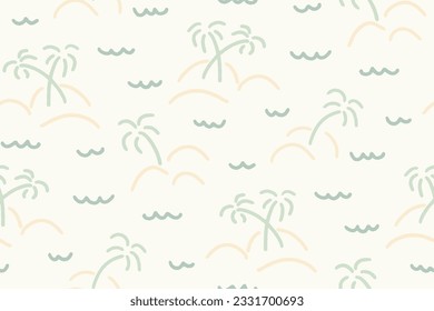Sea life palm islands - Horizontal minimal scribbles of waves forming a sea water pattern in a colour palette of  mint blue on off white cream, with mint blue palms and light beige islands.