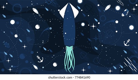 Sea life panoramic background with big squid in the ocean. Water world vector illustration template for your design or wallpaper.