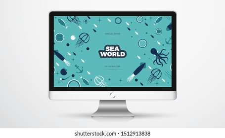 Sea life panoramic background with fish, anchor, octopus, squid, medusa and bubbles in the ocean. Water world vector illustration template for your design or wallpaper.