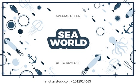 Sea life panoramic background with fish, anchor, octopus, squid, medusa and bubbles in the ocean. Water world vector illustration template for your design or wallpaper.