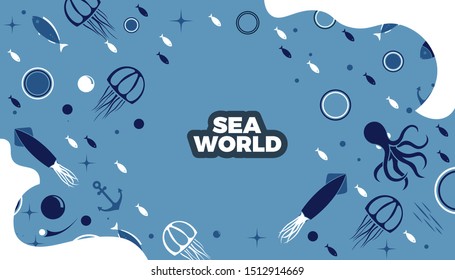 Sea life panoramic background with fish, anchor, octopus, squid, medusa and bubbles in the ocean. Water world vector illustration template for your design or wallpaper.