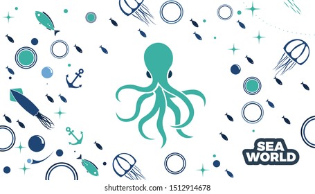 Sea life panoramic background with fish, anchor, octopus, squid, medusa and bubbles in the ocean. Water world vector illustration template for your design or wallpaper.