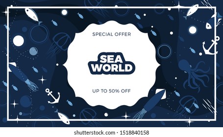 Sea life panoramic background with fish, anchor, octopus, squid, medusa and bubbles in the ocean. Water world vector illustration template for your design or wallpaper.