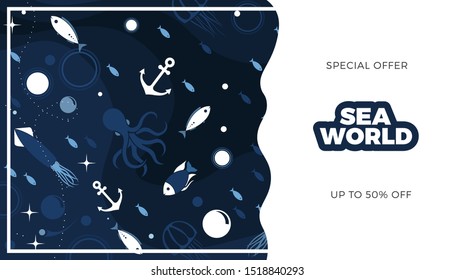 Sea life panoramic background with fish, anchor, octopus, squid, medusa and bubbles in the ocean. Water world vector illustration template for your design or wallpaper.