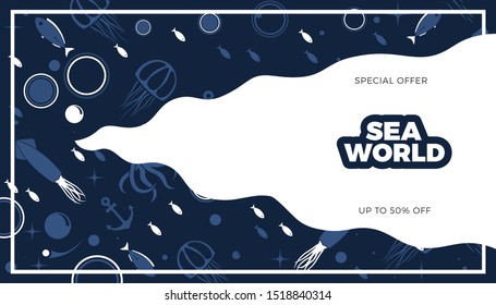 Sea life panoramic background with fish, anchor, octopus, squid, medusa and bubbles in the ocean. Water world vector illustration template for your design or wallpaper.