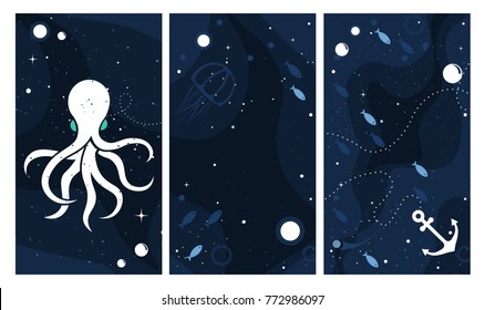Sea life panoramic background with fish, anchor, octopus, squid, medusa and bubbles in the ocean. Water world vector illustration template for your design or wallpaper.