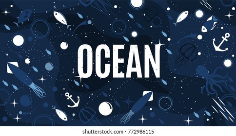 Sea life panoramic background with fish, anchor, octopus, squid, medusa and Ocean text title. Water world vector illustration template for your design or wallpaper.