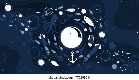 Sea life panoramic background with fish, anchor, octopus, squid, medusa and bubbles in the ocean. Water world vector illustration template for your design or wallpaper.